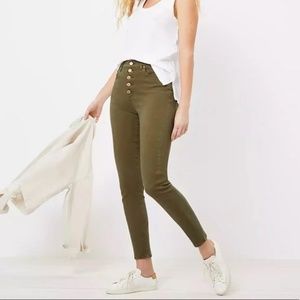 LOFT Ann Taylor High Waist Button Front Skinny Ankle Jean Vintage Olive Women 24